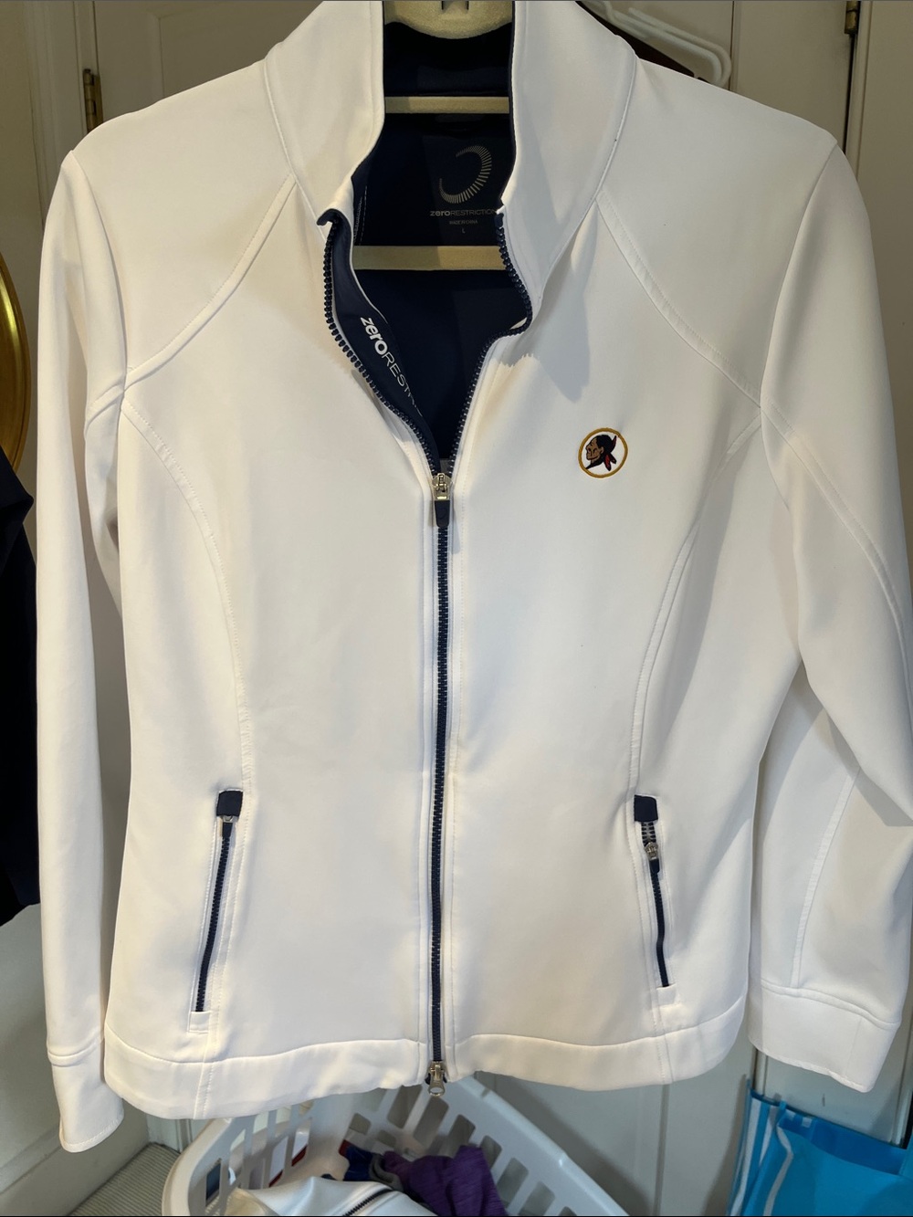 White Full-Zip Utility Jacket with Navy Trim
